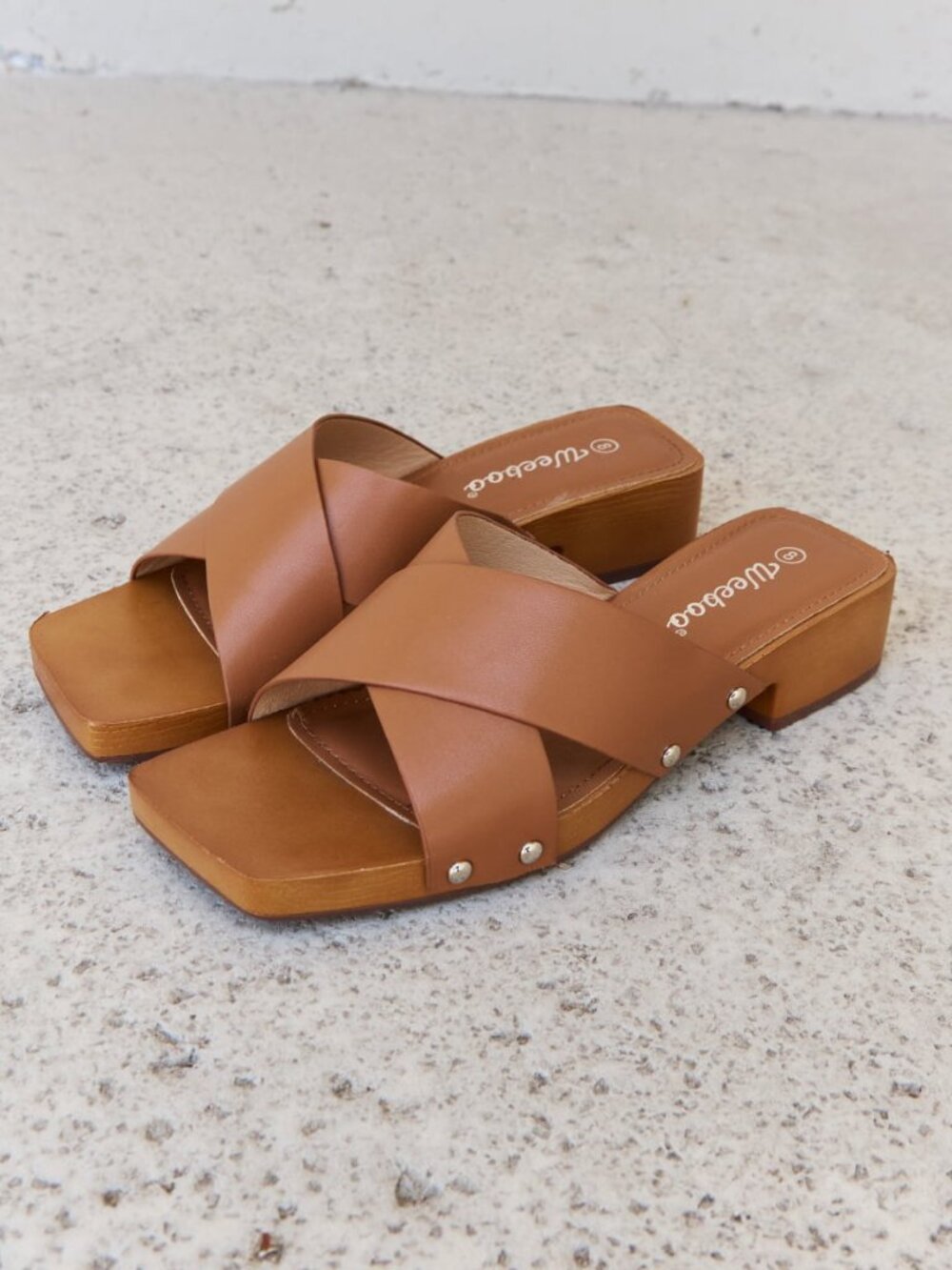 Brown Wooden Clog Mules | 70s Square Toe Criss Cross Slides